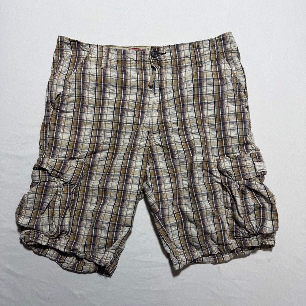 Levi's Cargo Shorts Mens W38 Beige Plaid 100% Cotton Multi Pocket Casual